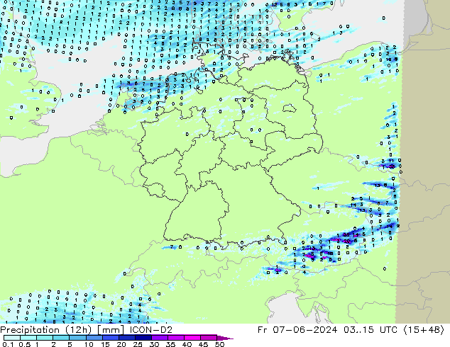 Precipitación (12h) ICON-D2 vie 07.06.2024 15 UTC