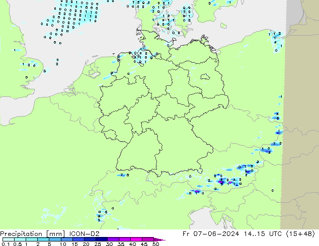 Srážky ICON-D2 Pá 07.06.2024 15 UTC