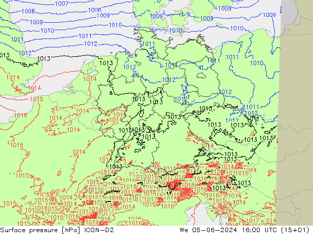 Surface pressure ICON-D2 We 05.06.2024 16 UTC