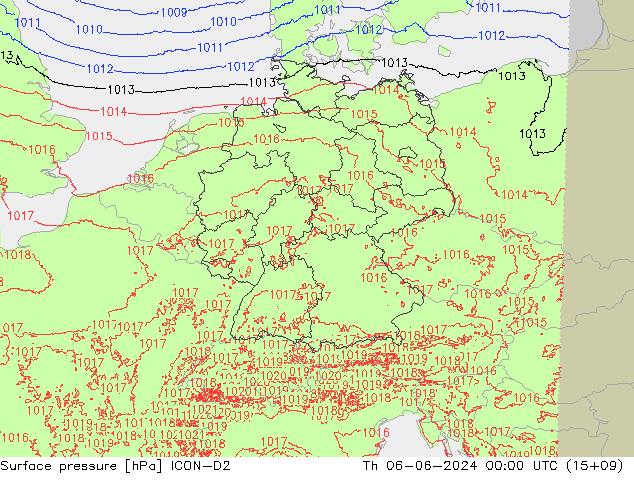 Surface pressure ICON-D2 Th 06.06.2024 00 UTC