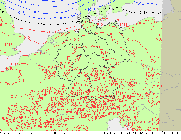 Presión superficial ICON-D2 jue 06.06.2024 03 UTC