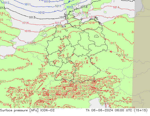 Surface pressure ICON-D2 Th 06.06.2024 06 UTC