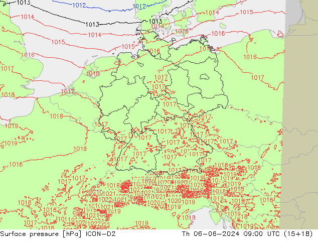 Surface pressure ICON-D2 Th 06.06.2024 09 UTC