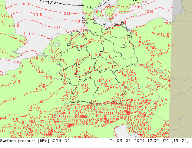 Surface pressure ICON-D2 Th 06.06.2024 12 UTC