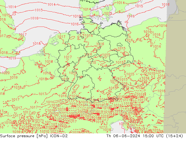 Surface pressure ICON-D2 Th 06.06.2024 15 UTC