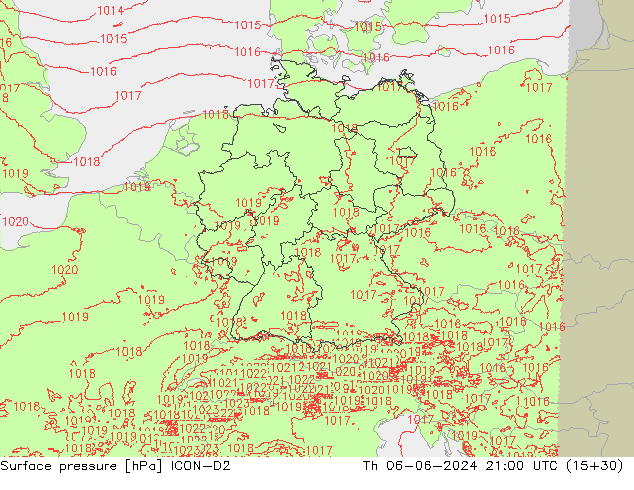 Surface pressure ICON-D2 Th 06.06.2024 21 UTC