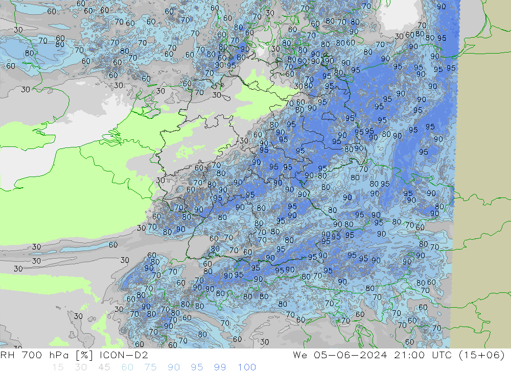 RH 700 hPa ICON-D2 St 05.06.2024 21 UTC