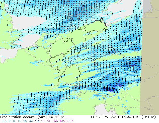 Précipitation accum. ICON-D2 ven 07.06.2024 15 UTC