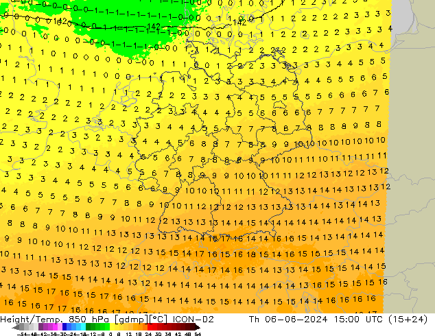 Height/Temp. 850 гПа ICON-D2 чт 06.06.2024 15 UTC