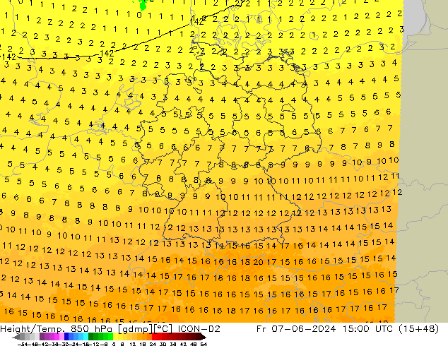 Height/Temp. 850 hPa ICON-D2  07.06.2024 15 UTC