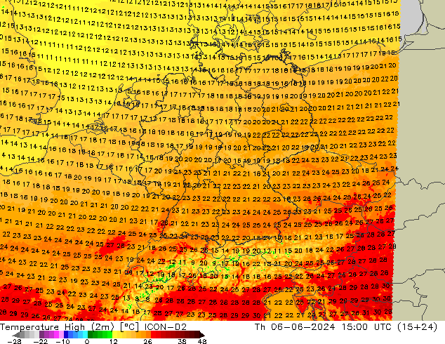 Max.temperatuur (2m) ICON-D2 do 06.06.2024 15 UTC