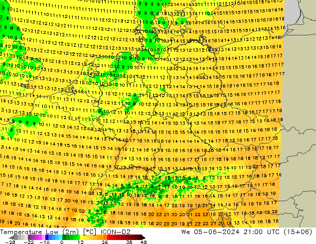 Temperature Low (2m) ICON-D2 We 05.06.2024 21 UTC