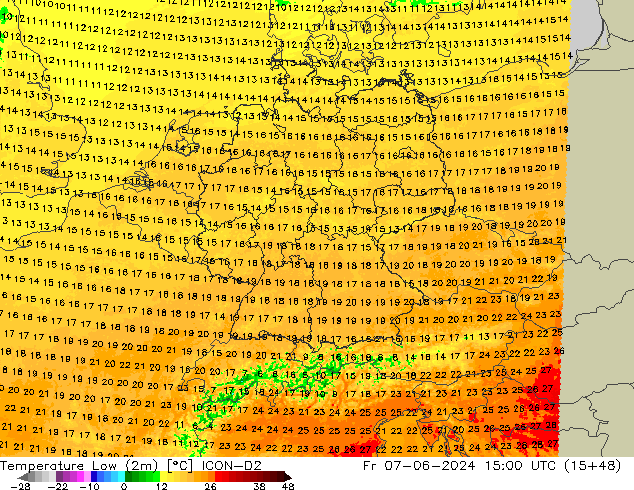 Temperature Low (2m) ICON-D2 Fr 07.06.2024 15 UTC