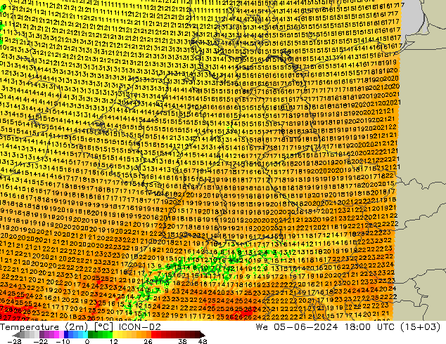 Temperature (2m) ICON-D2 We 05.06.2024 18 UTC