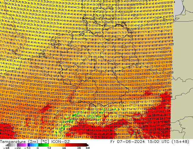 Temperatura (2m) ICON-D2 ven 07.06.2024 15 UTC