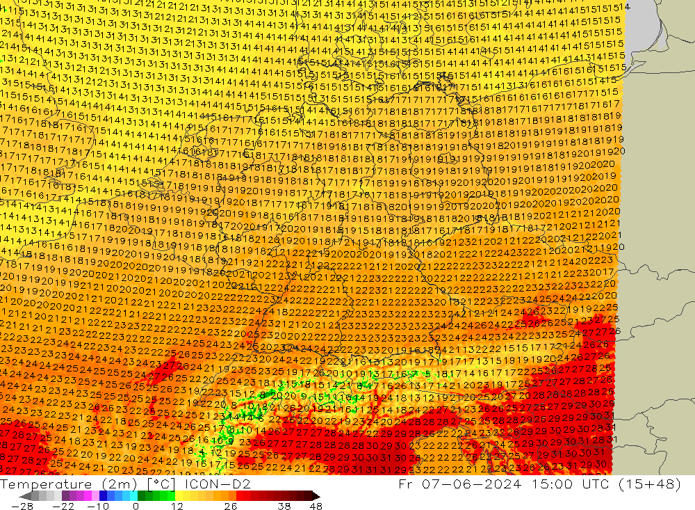 Temperature (2m) ICON-D2 Fr 07.06.2024 15 UTC