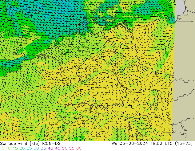 Vento 10 m ICON-D2 mer 05.06.2024 18 UTC