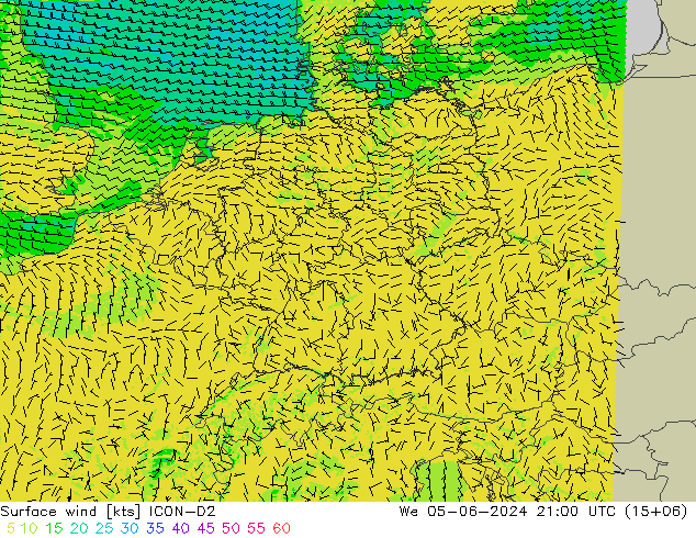 Viento 10 m ICON-D2 mié 05.06.2024 21 UTC