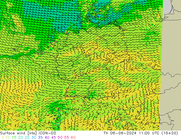 Surface wind ICON-D2 Th 06.06.2024 11 UTC