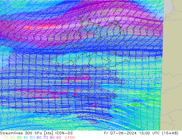 Linha de corrente 300 hPa ICON-D2 Sex 07.06.2024 15 UTC