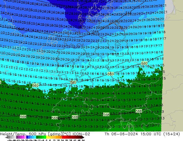 Height/Temp. 500 hPa ICON-D2 czw. 06.06.2024 15 UTC