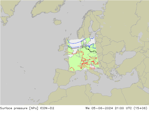 Surface pressure ICON-D2 We 05.06.2024 21 UTC