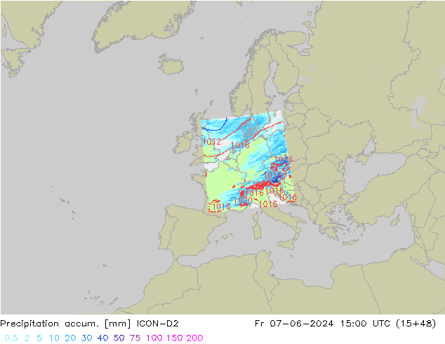 Precipitation accum. ICON-D2 ven 07.06.2024 15 UTC