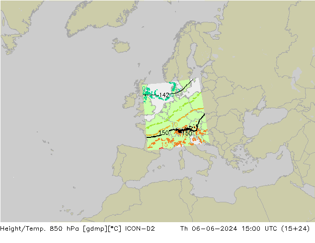 Géop./Temp. 850 hPa ICON-D2 jeu 06.06.2024 15 UTC