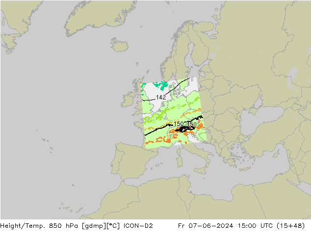 Geop./Temp. 850 hPa ICON-D2 vie 07.06.2024 15 UTC