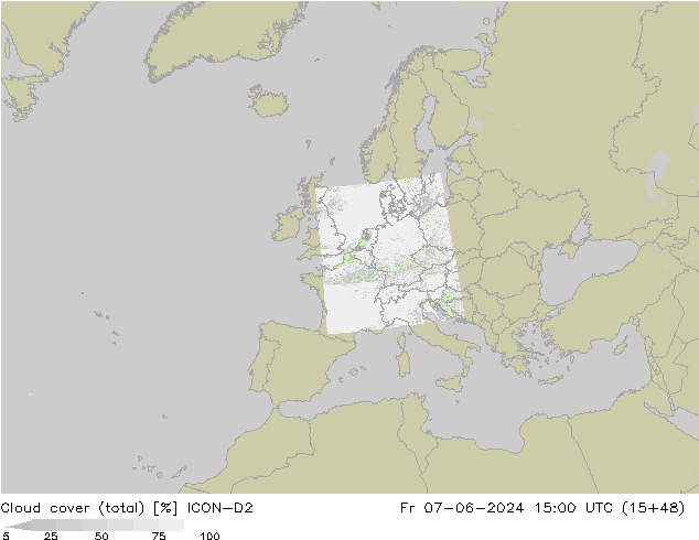 Cloud cover (total) ICON-D2 Fr 07.06.2024 15 UTC