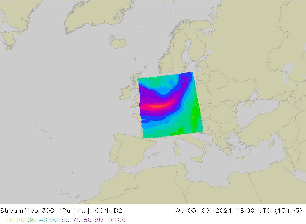 Ligne de courant 300 hPa ICON-D2 mer 05.06.2024 18 UTC