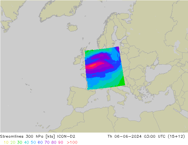 Streamlines 300 hPa ICON-D2 Th 06.06.2024 03 UTC