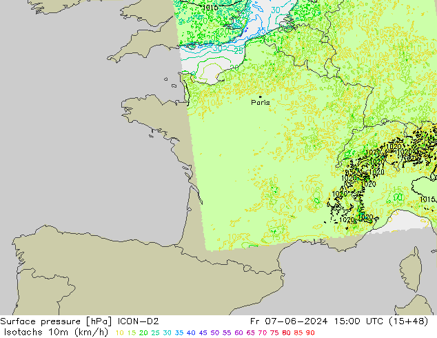 Isotaca (kph) ICON-D2 vie 07.06.2024 15 UTC