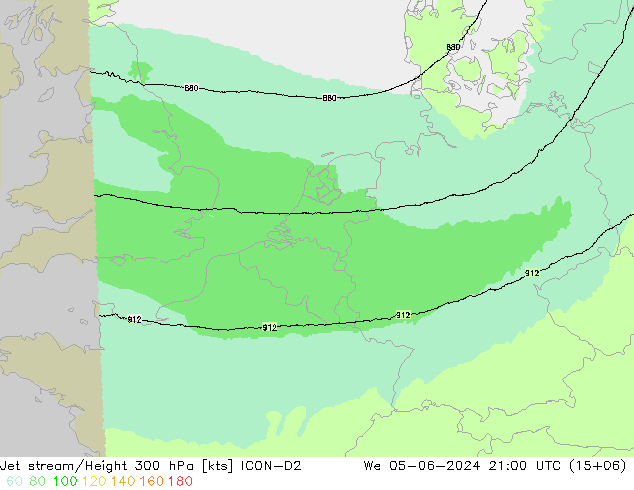 Jet stream/Height 300 hPa ICON-D2 St 05.06.2024 21 UTC