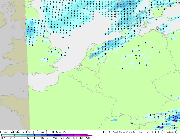 Totale neerslag (6h) ICON-D2 vr 07.06.2024 15 UTC