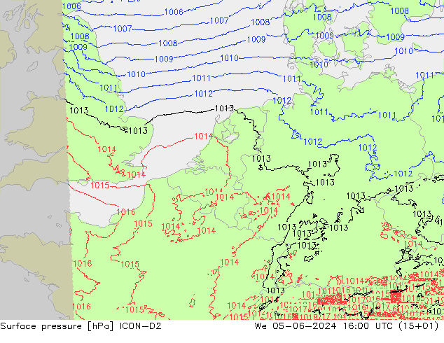 Surface pressure ICON-D2 We 05.06.2024 16 UTC