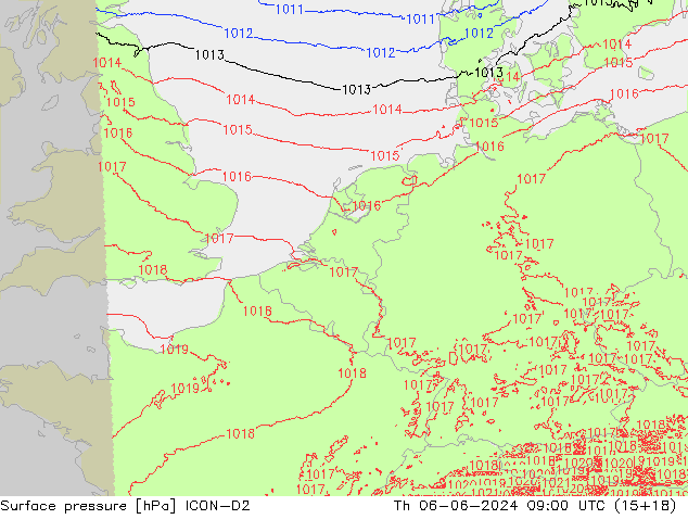 Surface pressure ICON-D2 Th 06.06.2024 09 UTC