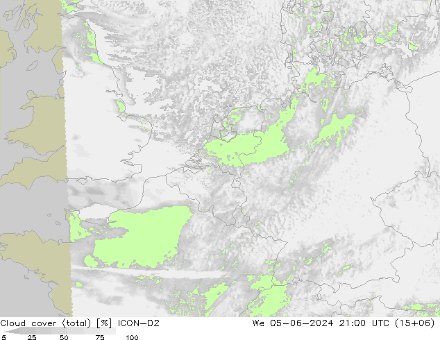 Cloud cover (total) ICON-D2 We 05.06.2024 21 UTC