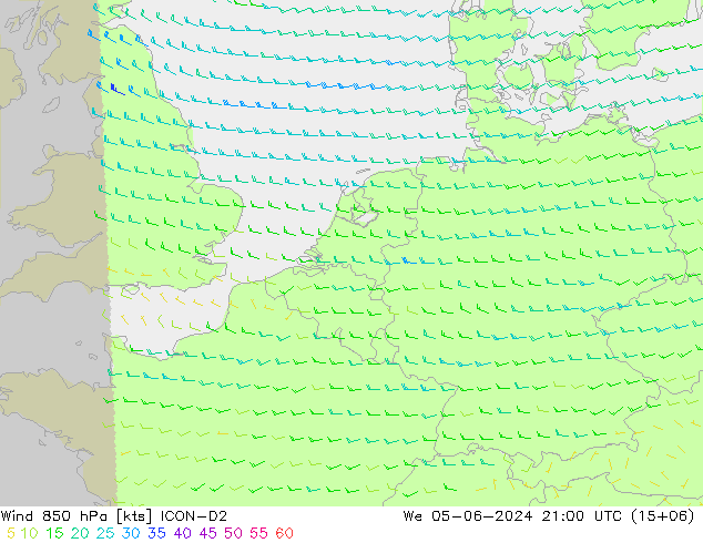 Rüzgar 850 hPa ICON-D2 Çar 05.06.2024 21 UTC