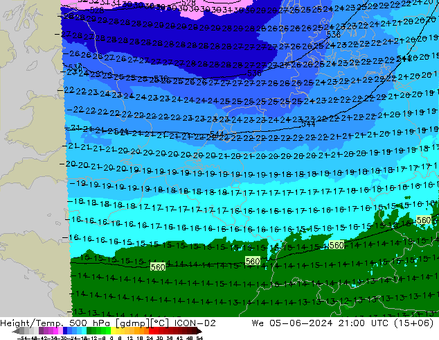 Height/Temp. 500 hPa ICON-D2 星期三 05.06.2024 21 UTC