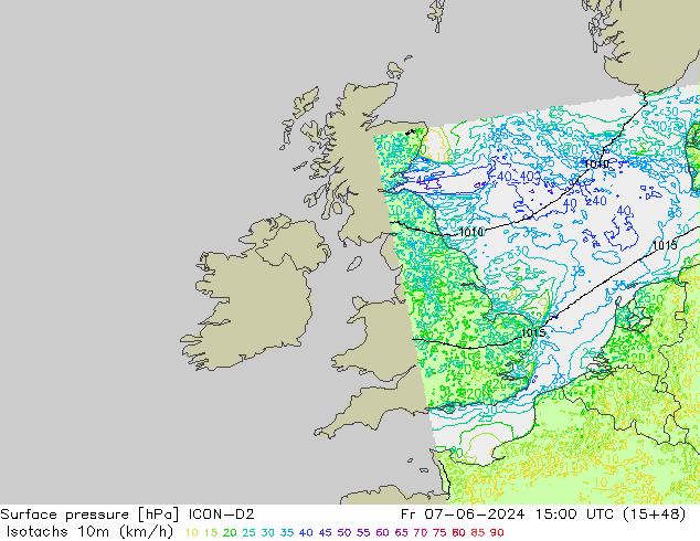 Isotaca (kph) ICON-D2 vie 07.06.2024 15 UTC