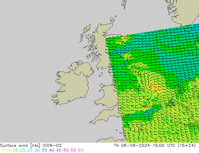 Viento 10 m ICON-D2 jue 06.06.2024 15 UTC