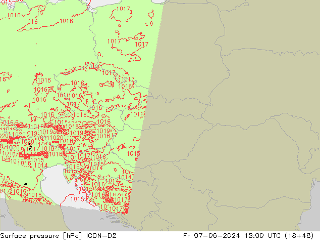 Atmosférický tlak ICON-D2 Pá 07.06.2024 18 UTC