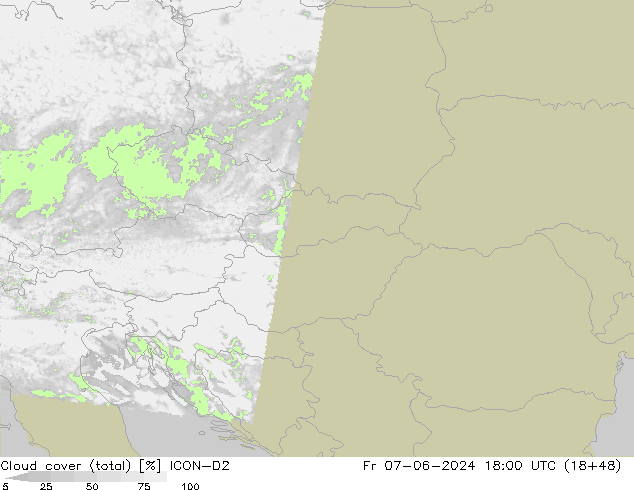 Cloud cover (total) ICON-D2 Fr 07.06.2024 18 UTC