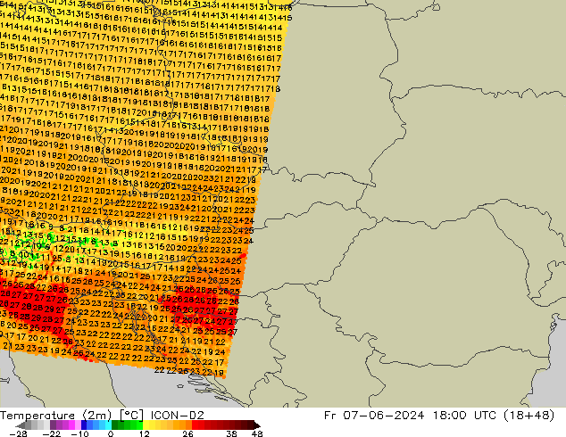 Temperatuurkaart (2m) ICON-D2 vr 07.06.2024 18 UTC