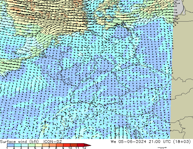 Bodenwind (bft) ICON-D2 Mi 05.06.2024 21 UTC