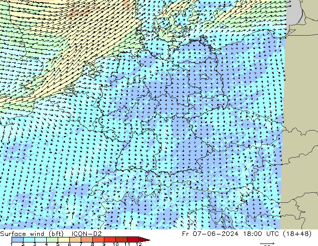 Surface wind (bft) ICON-D2 Fr 07.06.2024 18 UTC