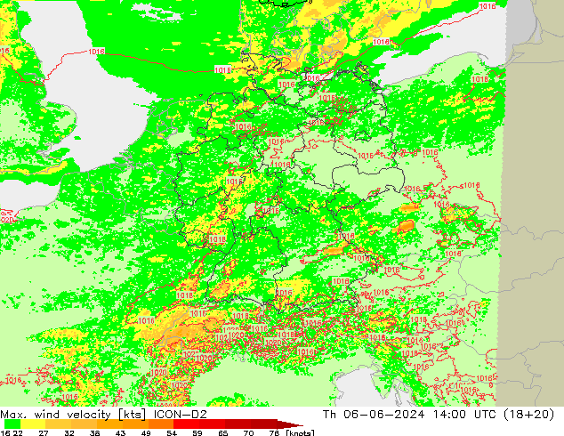 Max. wind velocity ICON-D2 jue 06.06.2024 14 UTC