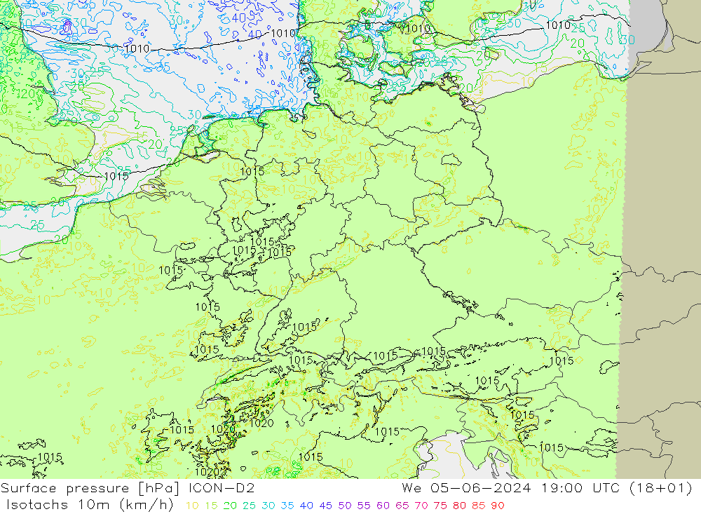 Isotachs (kph) ICON-D2 We 05.06.2024 19 UTC