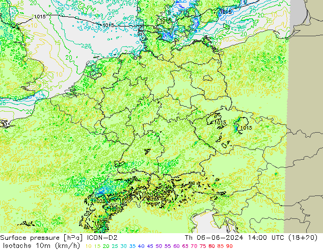 Isotachen (km/h) ICON-D2 Do 06.06.2024 14 UTC